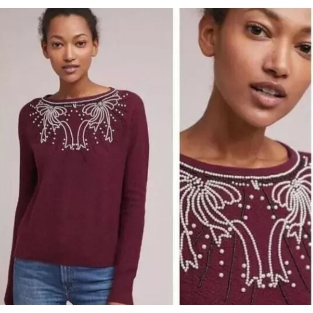 Anthropologie Field Flower Embellished Sweater